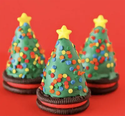 Three oreo truffle trees with a red background