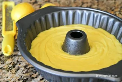 Lemon cake batter in a bundt pan