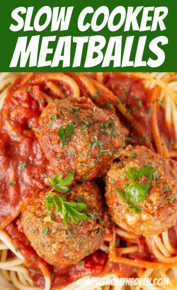 Slow Cooker Meatballs in tomato sauce on top of spaghetti noodles