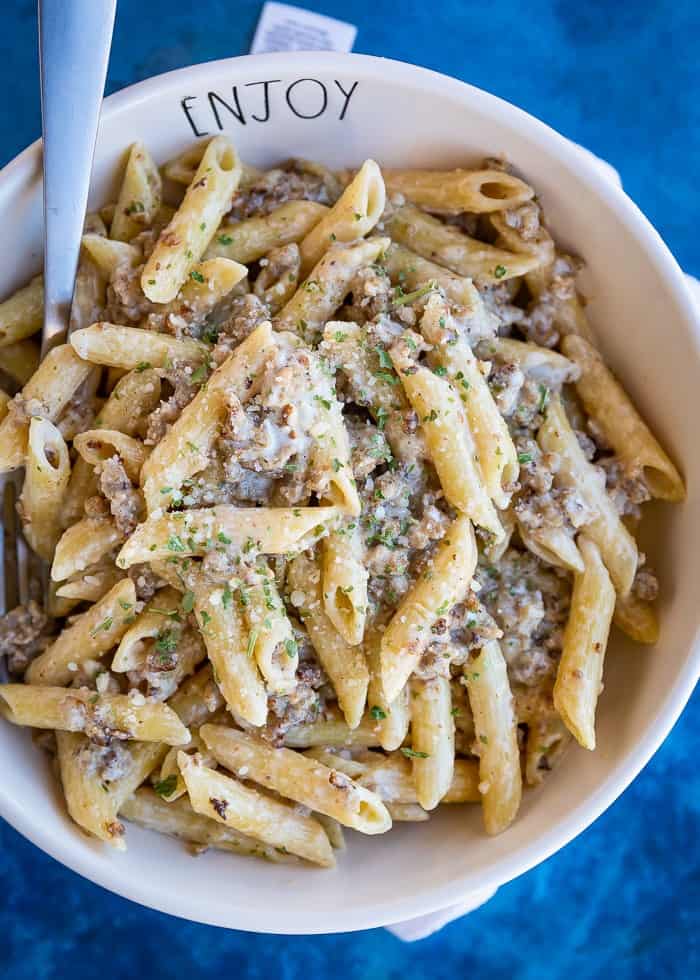 Sausage Pasta in White Bowl