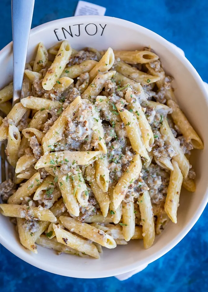 Sausage Pasta in White Bowl