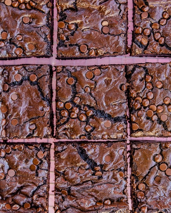 Close up of nine chocolate brownies 