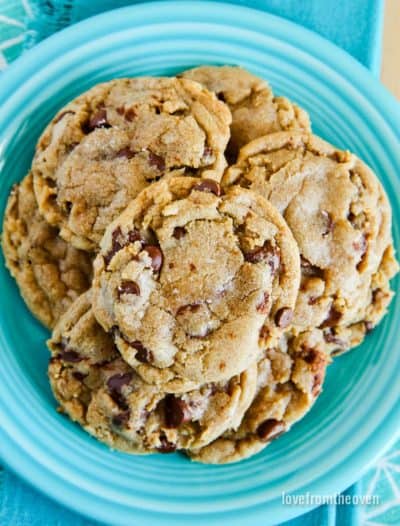 Turquoise blue plate full of chocolate chip cookies