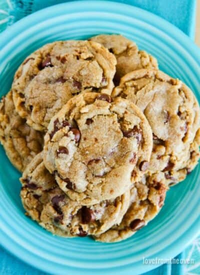 Turquoise blue plate full of chocolate chip cookies