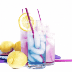 Blue cocktail in front of purple cocktails with lemons