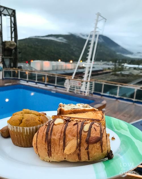 Pastries on a plate, on a boat, pulling into Juneau Alaska