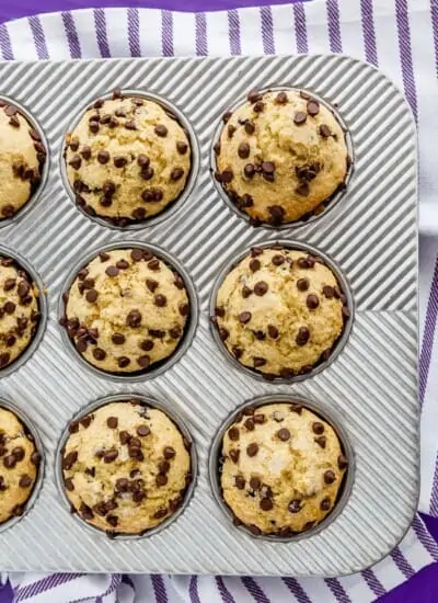 Chocolate chip muffins in a muffin pan