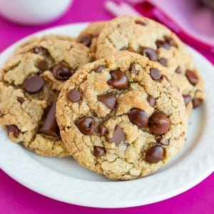 Chocolate chip cookies on a white plate