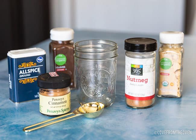 Bottles of spices including cinnamon, nutmeg, all spice, clove and ginger that are needed to make pumpkin pie spice