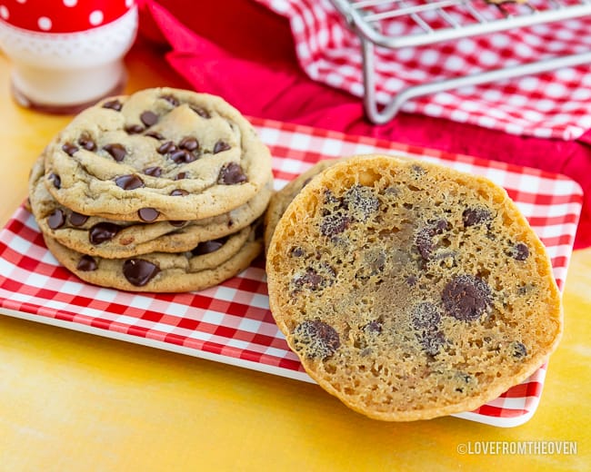 Several stacks of Chocolate chip cookies