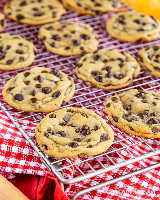 Chocolate chip cookies on a cooling rack