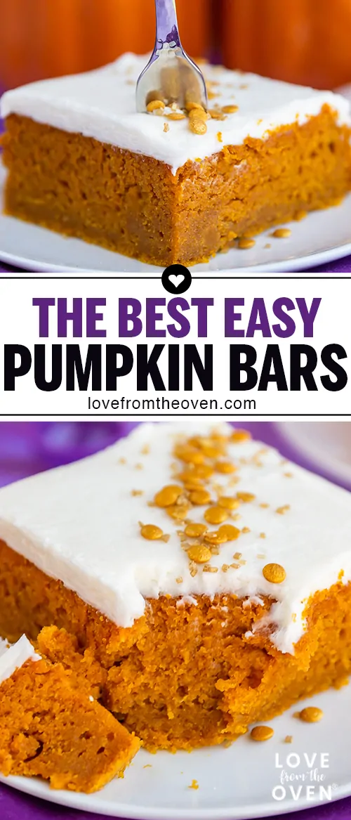 Two photos of a slice of pumpkin bars with cream cheese frosting, one with a fork in it and one with a bite taken out