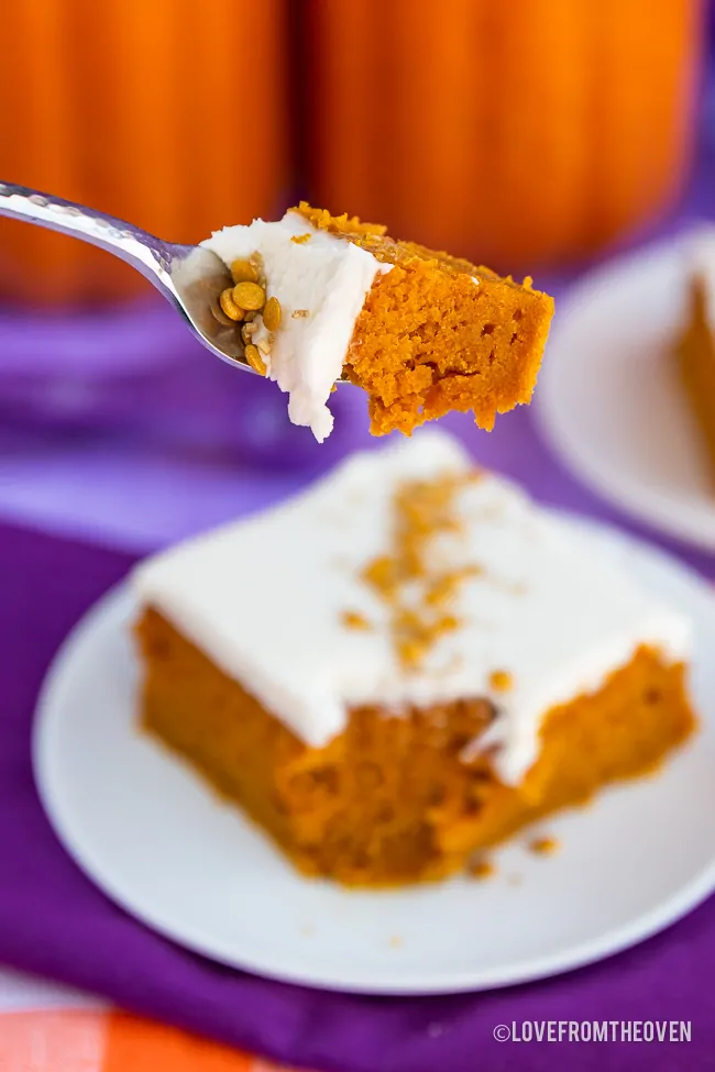 A bite of pumpkin bars with cream cheese frosting on a fork, with a blurry pumpkin bar on a plate in the background, with pumpkins behind it.
