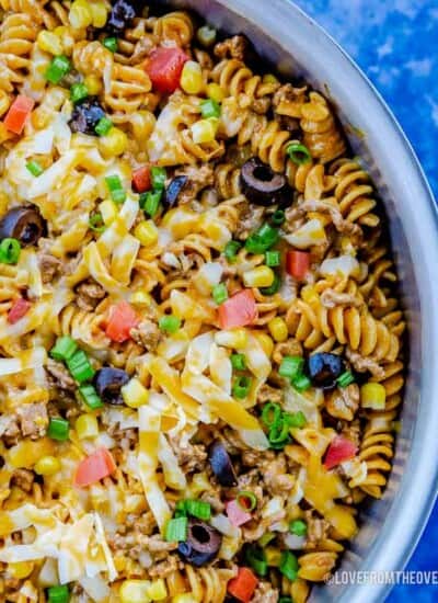 A bowl of food, with Pasta and Taco