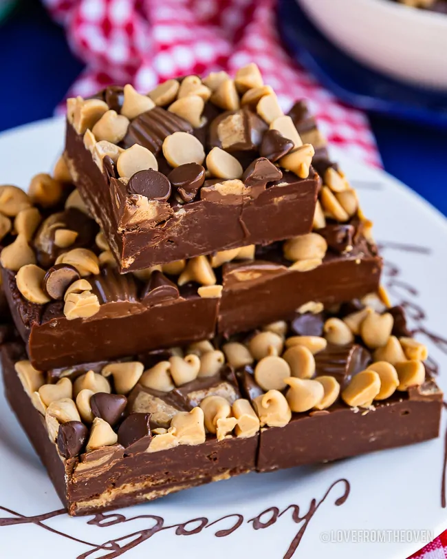 A stack of peanut butter and chocolate fudge