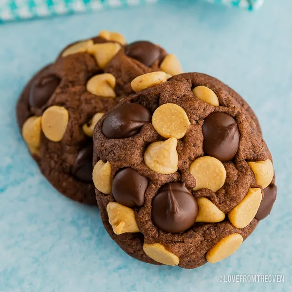 A pile of chocolate peanut butter chip cookies