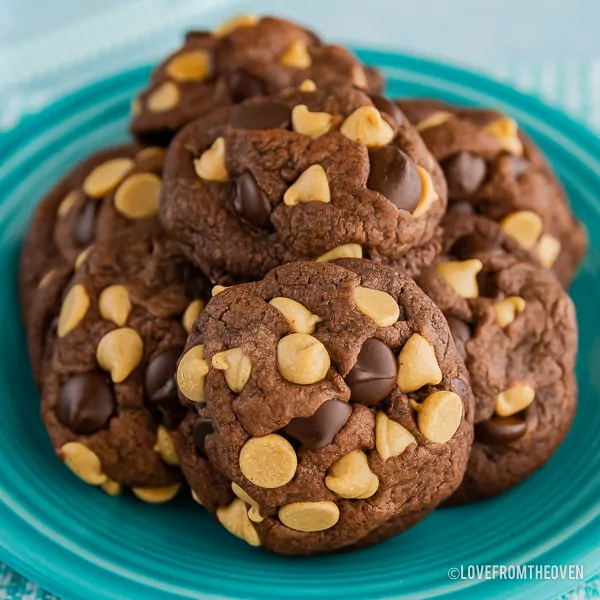 A pile of chocolate peanut butter chip cookies