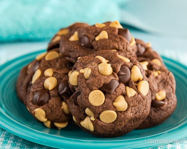 A pile of chocolate peanut butter chip cookies