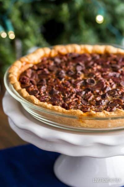 Pecan pie in a glass pie pan