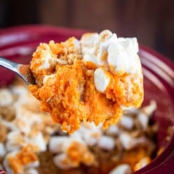 A spoonful of sweet potato casserole