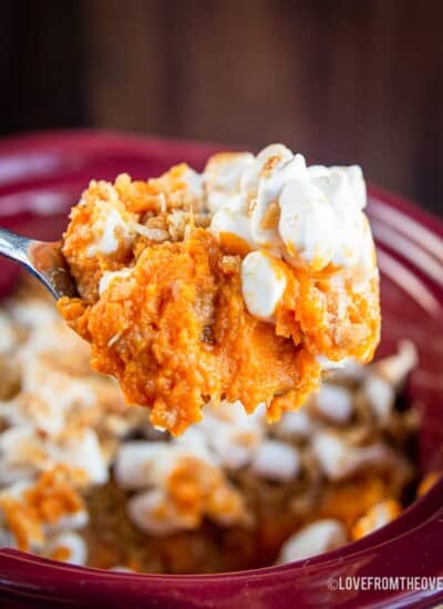 A spoonful of sweet potato casserole