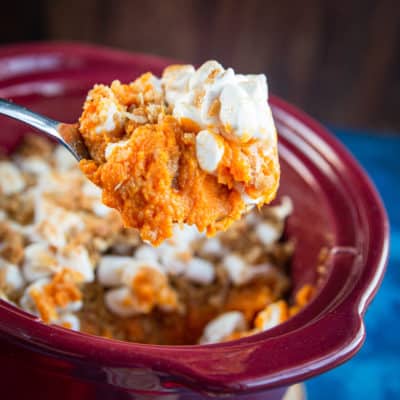 A spoonful of sweet potato casserole