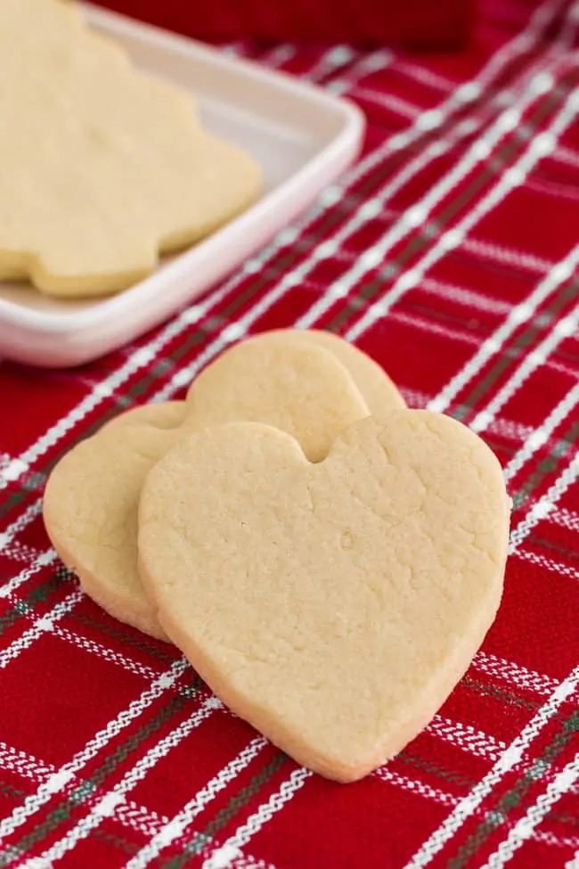 Heart shaped sugar cookies on a red napkin
