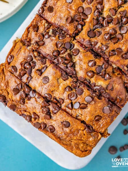a loaf of chocolate chip banana bread that has been sliced