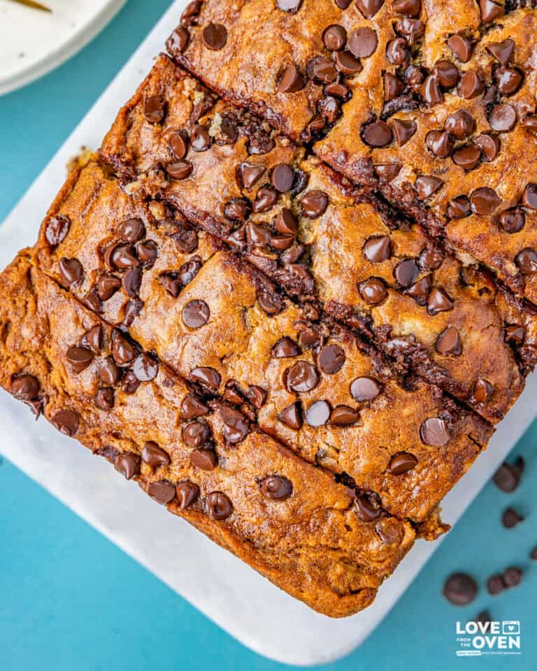 a loaf of chocolate chip banana bread that has been sliced