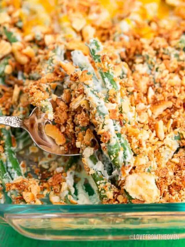 Green bean casserole in a glass baking pan