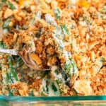 Green bean casserole in a glass baking pan