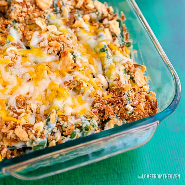 Green bean casserole in a glass baking pan