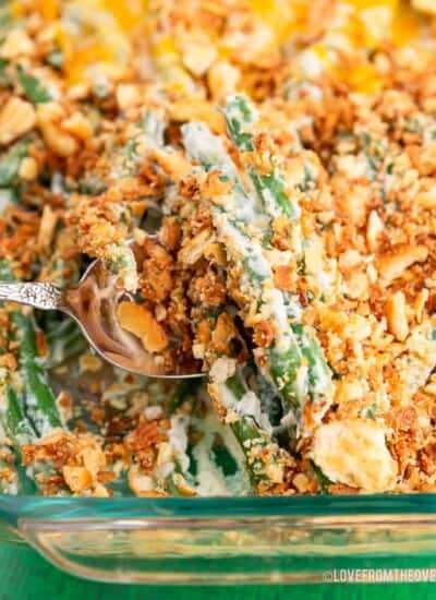 Green bean casserole in a glass baking pan