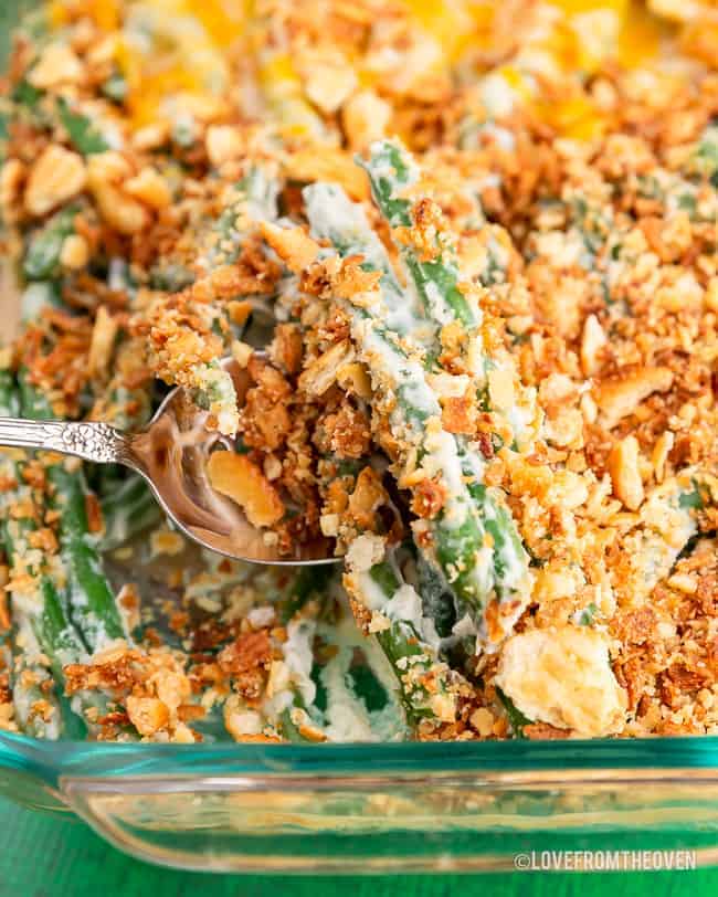 Green bean casserole in a glass baking pan