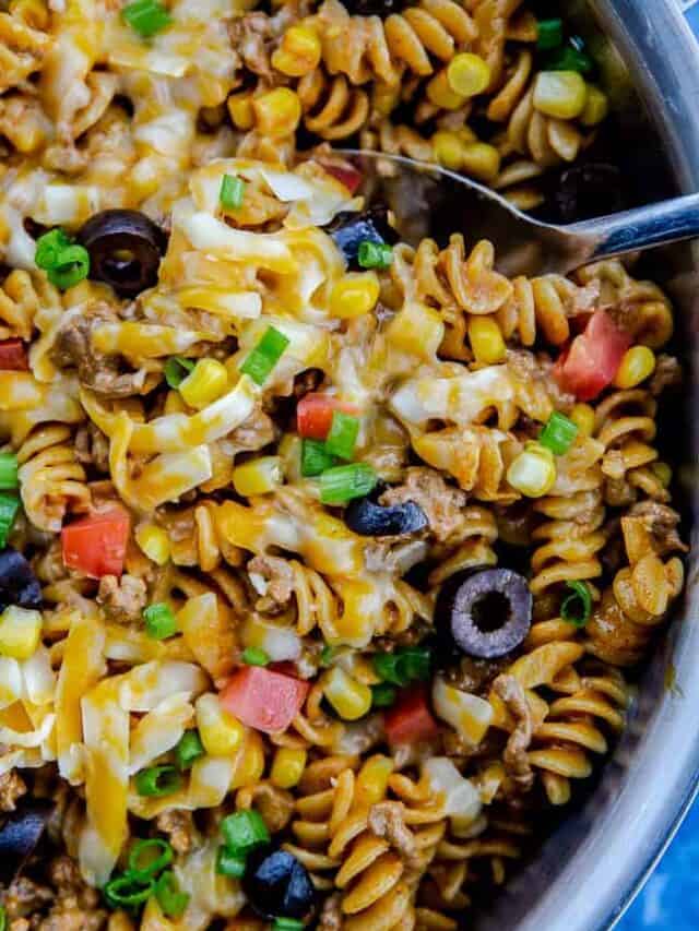 Close up of cheesy taco pasta