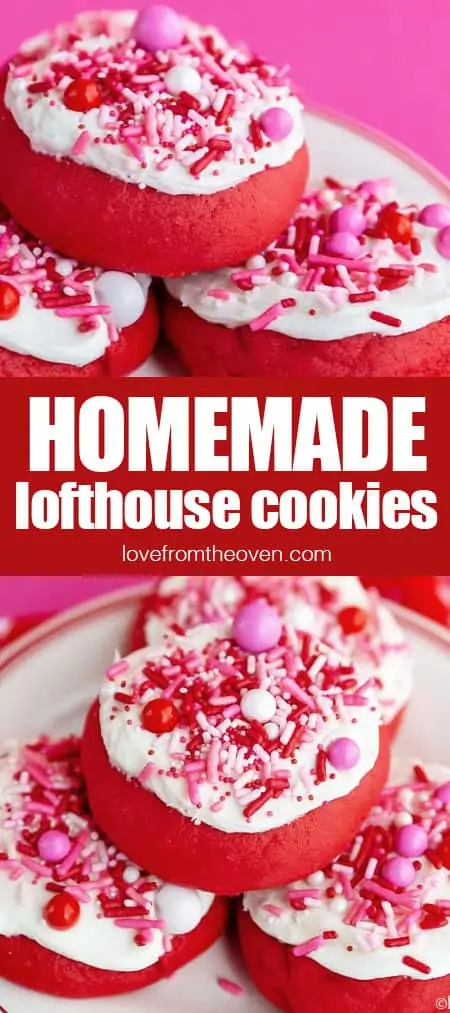 red lofthouse style cookies topped with white frosting and pink and red sprinkles