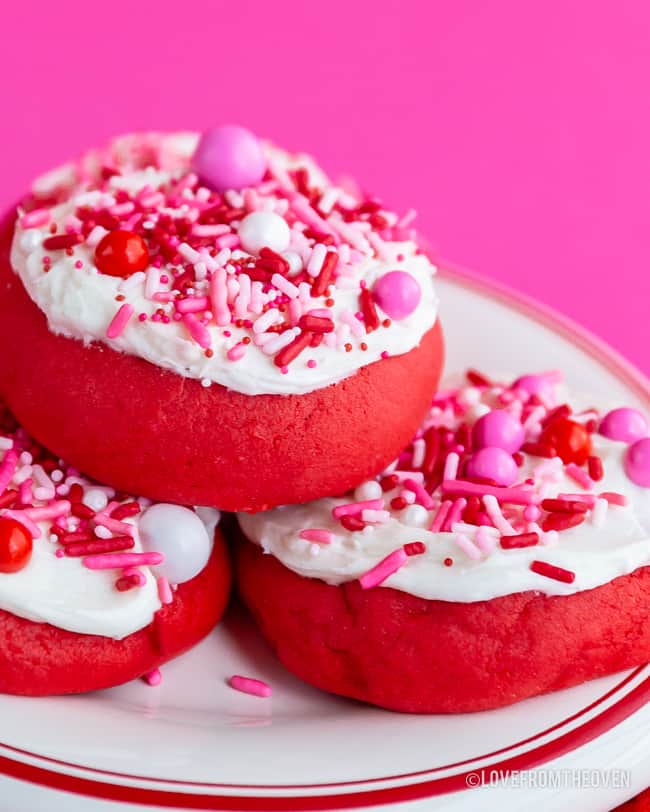 Stack of several lofthouse style cookies with sprinkles