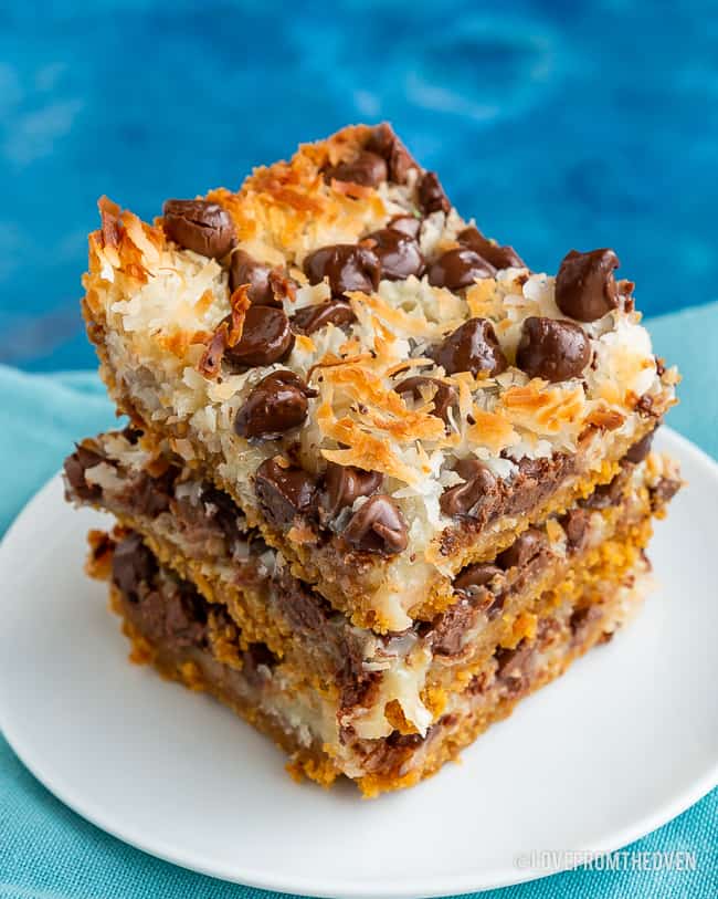 Three stacked magic cookie bars