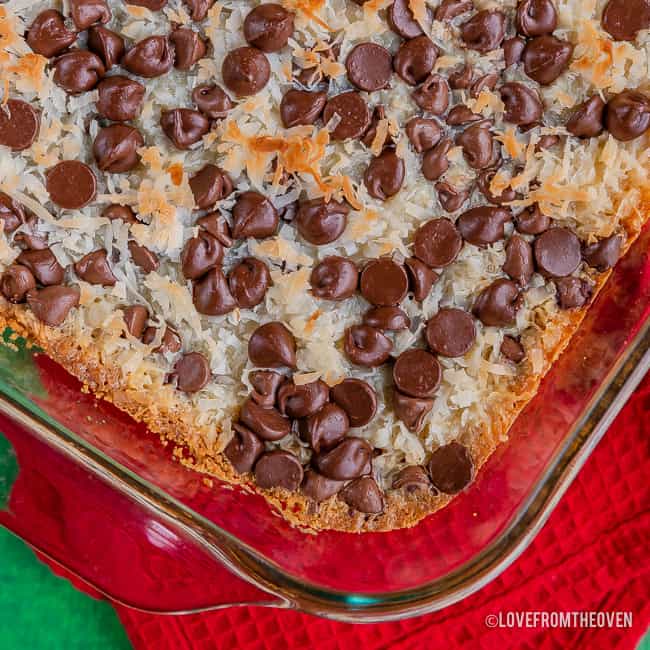 Seven layer bars in a glass baking pan
