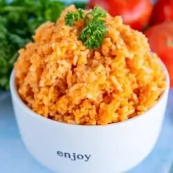 Mexican Spanish rice in a white bowl