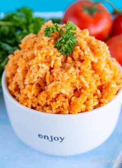 Mexican Spanish rice in a white bowl