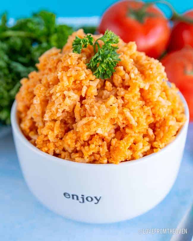 Mexican Spanish rice in a white bowl