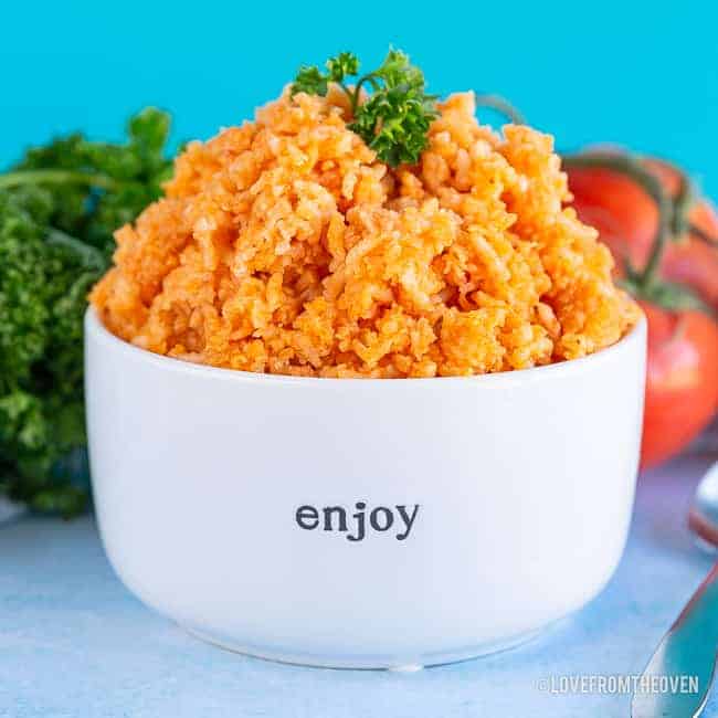 Mexican Spanish rice in a white bowl