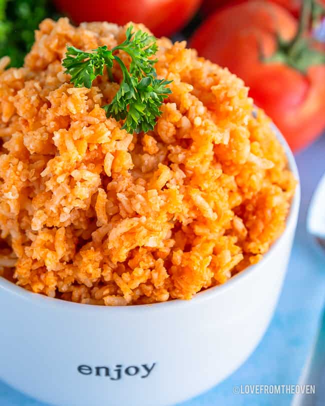 Close up of Spanish rice in a white bowl with green garnish