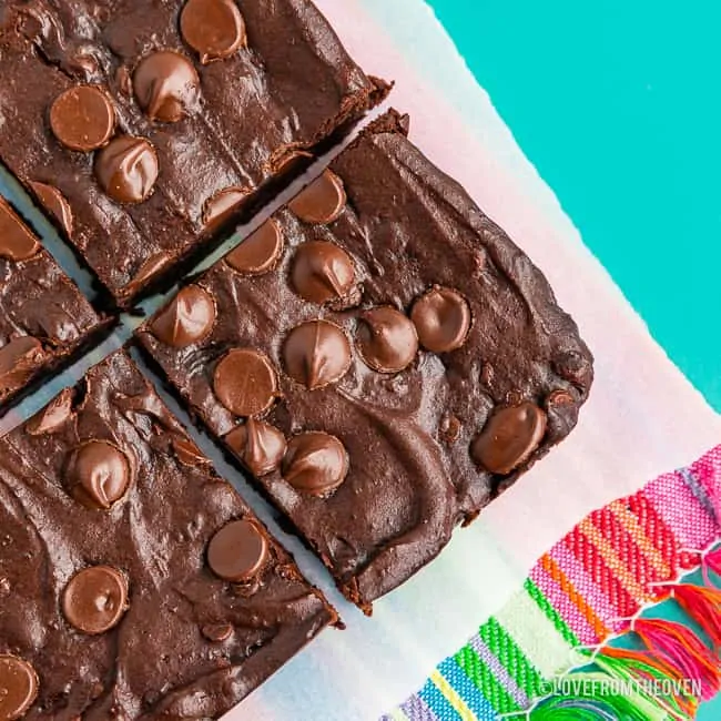Close up of a square cut black bean brownie
