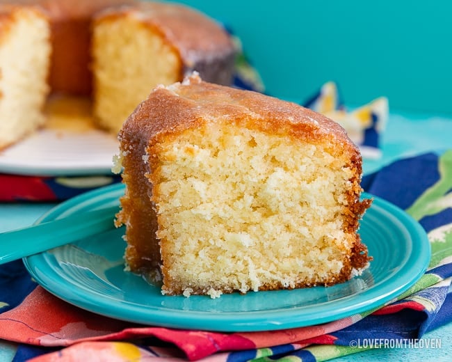 Slice of butter cake on a blue plate