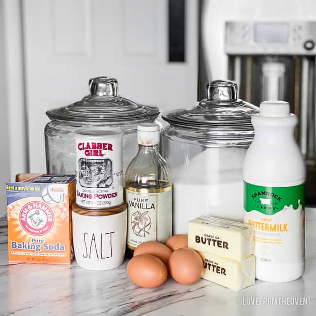 Ingredients for Kentucky Butter Cake including flour, sugar, baking powder and soda, salt, vanilla, eggs, butter and buttermilk