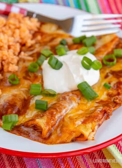 Cheese enchiladas with green onions and sour cream