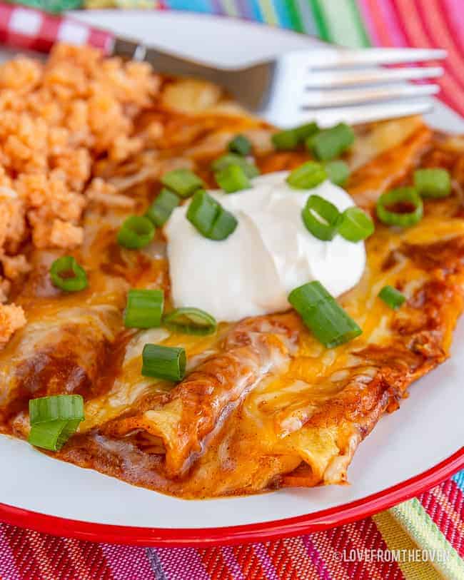 Cheese enchiladas with green onions and sour cream