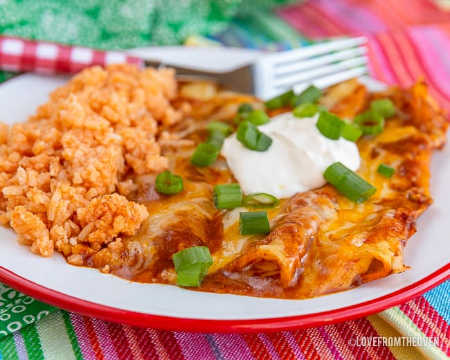 Cheese enchiladas with green onions and sour cream with rice on a plate